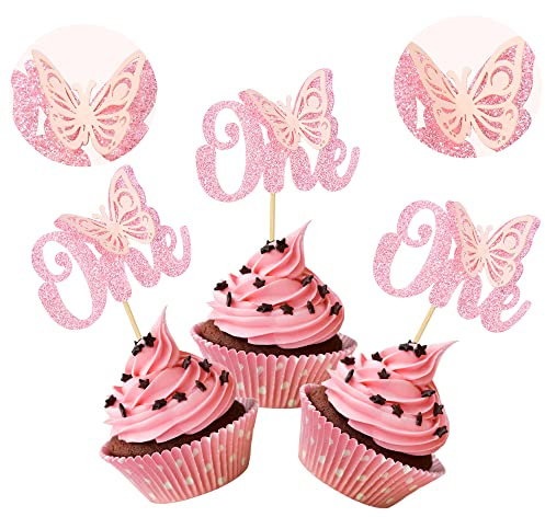 Gyufise 36Pcs Butterfly One Cupcake Toppers Pink Glitter First Birthday 3D Butterfly Cupcake Picks Butterfly Theme Baby Shower Kids Boys Girls 1st Birthday Party Cake Decorations Supplies