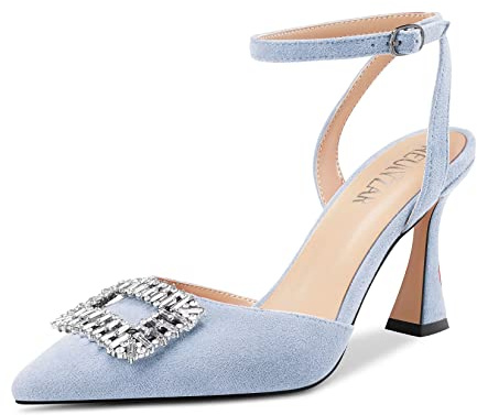 HEUIVZAR Mujer Alto High Chunky Ancho Heel Puntiaguada Punta Sandalias Correa Tobillo Diamante Cristal Cierre con Hebilla de Boda Dress Zapatos Azul Claro 40 EU