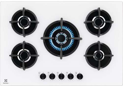 Electrolux Piano Cottura Gas EGG75372W Serie 600 Gas on Glass 75cm da Incasso, 5 Fuochi, Bruciatore Rapido, Bruciatore Wok, Precisa Regolazione della Fiamma, Sicurezza Sicurgas, 590x520cm, Bianco
