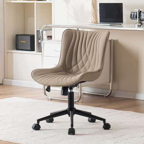 YOUTASTE Bürostuhl ohne Armlehne, Drehstuhl mit Rollen Schreibtischstuhl | Ergonomisch & Höhenverstellbar, Modern Bürostuhl Leder im Fischschwanz-Design, für Arbeitszimmer, Schlafzimmer, Khaki, 150KG