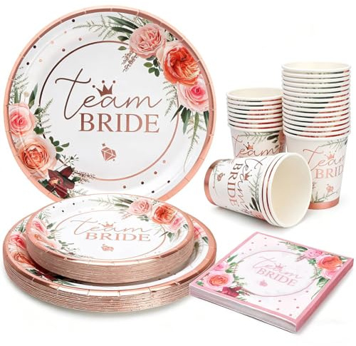 PARTY GO Lot de 100 assiettes en carton jetables pour enterrement de vie de jeune fille - Assiettes en carton - Serviettes et gobelets - Décoration pour fiançailles, mariage, enterrement de vie de