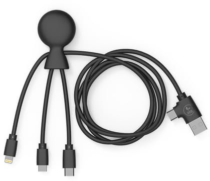 Xoopar - Mr Bio 1m Câble Multi USB 4 en 1 en Forme de Pieuvre - Chargeur Universel en Plastique Recyclé - Prise USB Universel USB-C, Lightning,Micro USB, USB pour Smartphone Universelle - Noir