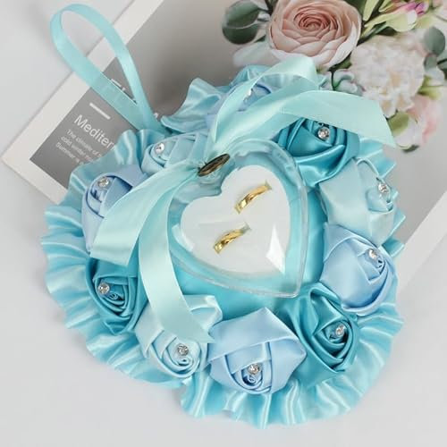 Coussin d'alliances vintage avec ruban de satin et strass - Support cœur - Décoration mariage - Pour alliances, fiançailles, Saint-Valentin - Bleu