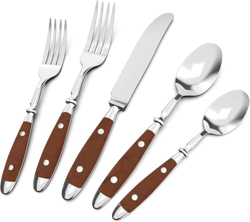 QUEARI 20-Piece Silverware Set Service for 4 with Two Rivets, Vintage Flatware Set, Stainless Steel Cutlery Set with Wood Grain Bakelite Handle,Dishwasher Safe, Light Brown Color