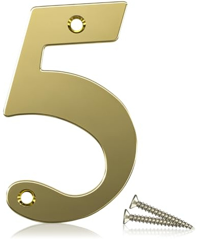 Bwintech Numero civico 5 in acciaio inox 304 con bullonatura dorata, per porte anteriori, in legno, composito, UPVC, altezza 75 mm, 1 pezzo