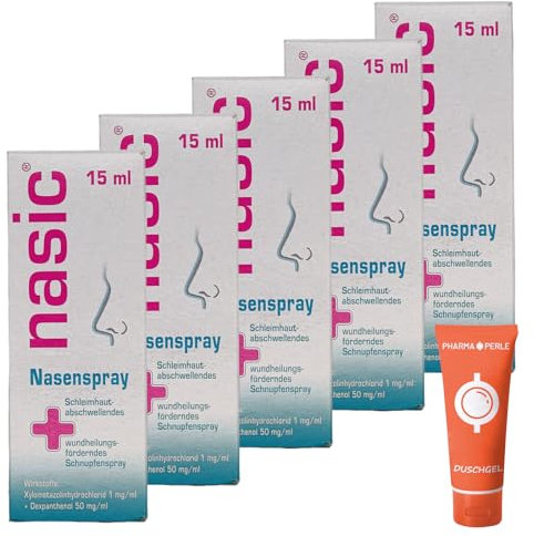 NASIC Nasenspray 5 x 15ml Sparset I bei Schnupfen I abschwellendes Nasenspray I mit Xylometazolin und Dexpanthenol I für Erwachsene und Jugendliche I mit give-away von Pharma Perle