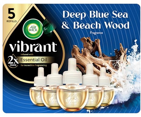 Air Wick Vibrant Plug In Scented Oil Refill, Infused with Essential Oils, Plug In Air Fresheners for Home, Deep Blue Sea & Beach Wood, 5 ct