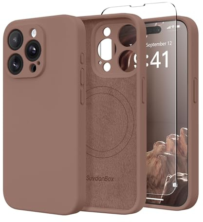 SuydanBox Magnetische Hülle für iPhone 14 Pro, kompatibel mit MagSafe, [Vollständiger Kameraschutz] [Displayschutzfolie] Stoßfeste Silikon-Schutzhülle für iPhone 14 Pro 6,1 Zoll, Braun