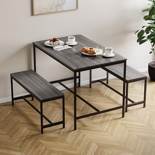 Vida Designs Roslyn 4 Seater Dining Set | Grey | 3 Piece Dining Room Complete Set | 75H x 110W x 70D cm | with 2 Benches | Rustic | Solid Metal Frame | Industrial Design