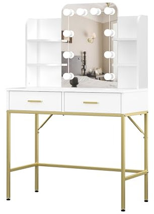 Panana Schminktisch mit LED-Beleuchtung Kommode mit Hollywood Spiegel Frisiertisch mit 2 Schubladen 3 Lichtmodis Kosmetiktisch mit Goldene Metallbeine (White)