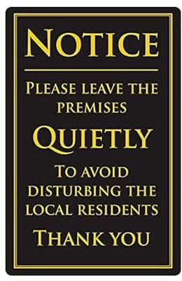 Hinweisschild Leave Premises Quietly Polite, goldfarben, für Kneipen, Bars, Restaurants, Schwarz, 260 x 170 mm