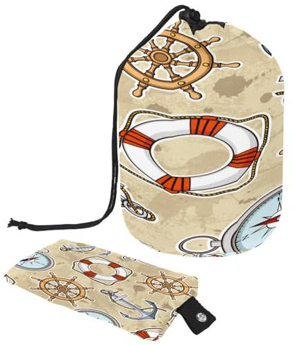 Drawstring Toiletry Bag, Nautical Anchor Rudder Compass Lifebuoy Barrel Shaped Wash Bag Cosmetic Bags, Travel Makeup Organiser Pouch + Small Bag