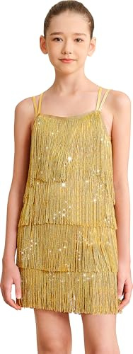 Mulnall Vestito da ragazza latina con nappa scintillante, vintage, da ballo, per bambini, con frange lirice, gonna doppia, crisscross back performance, ballroom party, gold, 6-7 Anni
