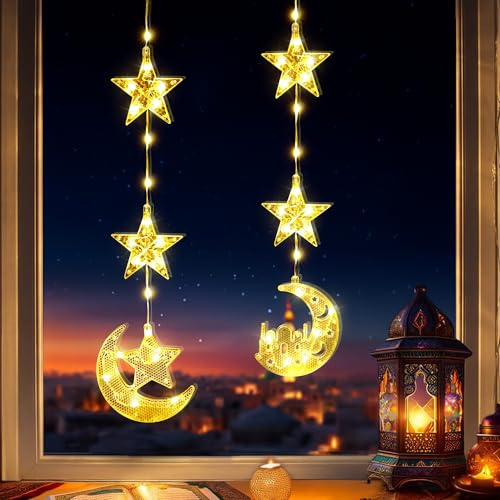 Weihnachten Deko Lichterkette, BrizLabs 2 Stück Weihnachtsdeko Fensterlichter Sterne Mond Schloss Fenster Lichter Batterie mit Timer LED Eid Mubarak für Innen Schlafzimmer Tür Hochzeit Party, Warmweiß