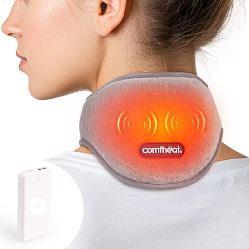 Comfheat Portable Neck Heating Pad with Vibration Massage for Neck Pain Relief, Rechargeable Neck Wrap, Soft Neck Warmer for Soreness Stiffness, 3 Levels Heat & Massage, 3000mAh Battery Included
