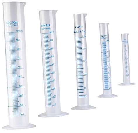 OKUMEYR Cilindro Graduado De Plástico 5 Piezas (50-1000 Ml) Base Estable, Escala Precisa y Uso Para Laboratorio Científico y Experimentos Educativos
