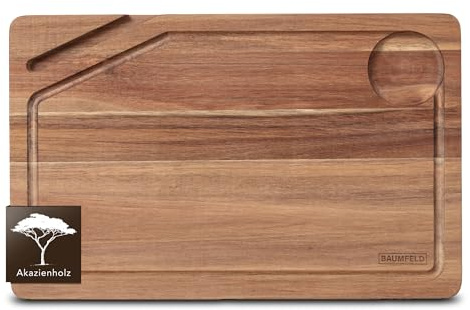 Baumfeld Premium Schneidebrett aus Akazienholz – Robust, beidseitig nutzbar, mit Saftrille und Handyhalterung, 38x28 cm groß, antibakteriell, ideal als Küchenbrett & Servierbrett