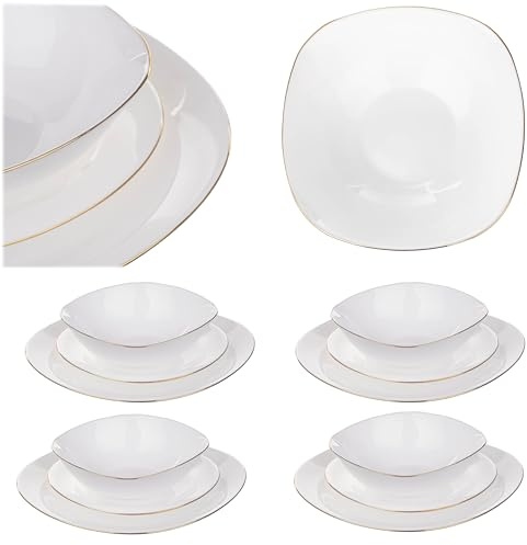 KADAX Vajilla para 4 personas, 12 piezas, con platos hondos, platos de postre y platos llanos, vajilla, juego de platos, color blanco y dorado