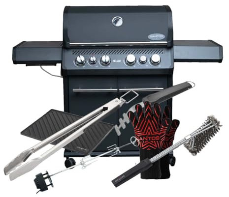 SANTOS Gasgrill S-418 Schwarz - 4 Hauptbrenner, 800 °C Grillzone - Komplettset - Drehspieß, Silikonablage, Rostheber, Grillzange, Grillbürste, Grillhandschuhe