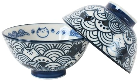 Mino ware Japanese Pottery Pair Rice Bowl Cat with Wave Pattern (set of 2) made in Japan (Japan Import) MUC202(Navy)