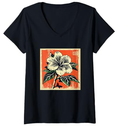 Womens Vintage Japanese Azalea Tsutsuji Flowers Retro Japan Floral V-Neck T-Shirt