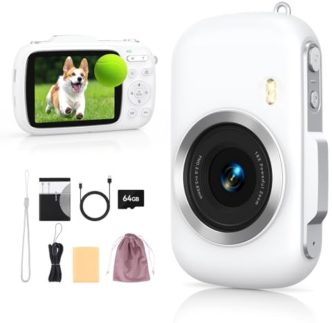 Appareil photo numérique 4K 64MP 18X Digitalzoom 2.8 Zoll großer Bildschirm Inclusive 1 Akku 1usb Câble 64G TF Carte 2 Woven Lanyard für Anfänger Student und Teenagers (Weiß)