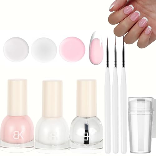 French Manicure Nail Polish Kit, Pink White Nail Varnish with Top Coat | for French Tips, Quick Dry French Manicure Kit with 3Pcs Nail Pen & Nail Stamper, for Home DIY Nail Art, No UV Cure