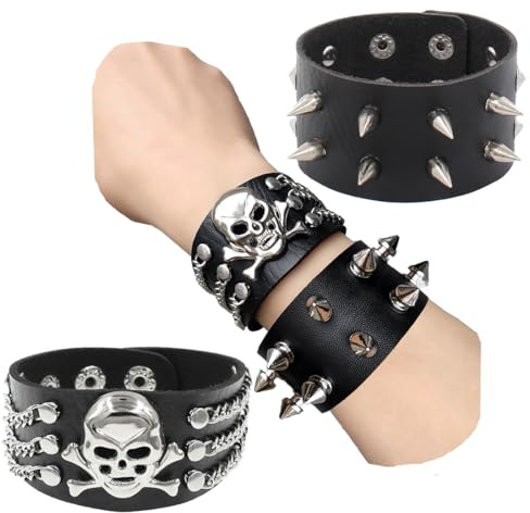 JYNVO 2er-Set Halloween-Lederarmbänder, im Gothic-Stil mit Nieten, im Halloween-Totenkopf-Stil, im Retro-Stil, verstellbare Armbänder, geeignet für Halloween, Cosplay und andere Anlässe