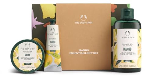 The Body Shop Mango Essentials Coffret cadeau (gel douche 250 ml + yaourt corporel 200 ml + baume pour les mains 30 ml), trio festif fruité à l'huile de graines de mangue, soin nourrissant et