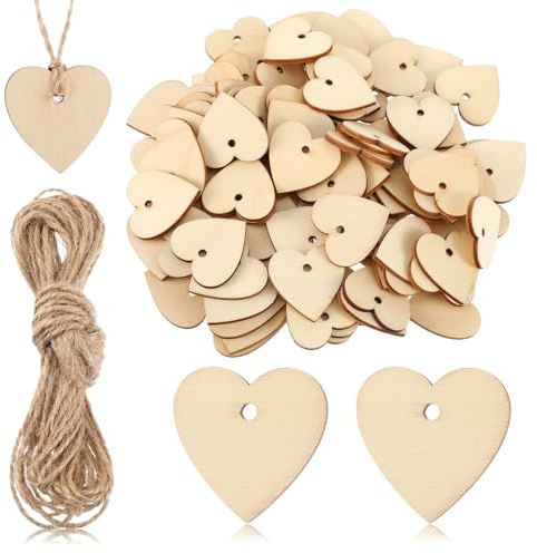 XLIUAX 100 Stück Holzherzen Zum Beschriften, Holzherzen Deko, 3cm Holz Herzen mit 10m Jute Schnur Holzanhänger, Holzherzens Scheiben Hochzeit Deko mit Loch Streudeko Herzen Holz zum Bemalen
