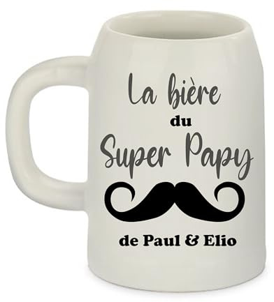 Chope de Bière Personnalisée 500 ml – La Bière du Super Papy avec Prénoms – Cadeau Original Fête des Grands-Pères – Chope Céramique Imprimée