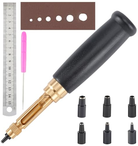 CALFOVERA Punzone per Viti Giapponese con Manico in Legno Nero Strumento di Punzonatura Automatico Regolabile con 6 Dimensione delle Punte (1.5mm /2mm /2.5mm /3mm /3. /4mm) O Cinturino per Cintu