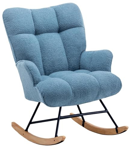 XH.Easy Go Silla Mecedora Teddy Lactancia & Relax, Tela Peluche Acolchada, Estructura de Acero, Patas de Madera de Caucho, para Salón, Dormitorio y Habitación de Bebé(Azul Claro Teddy)