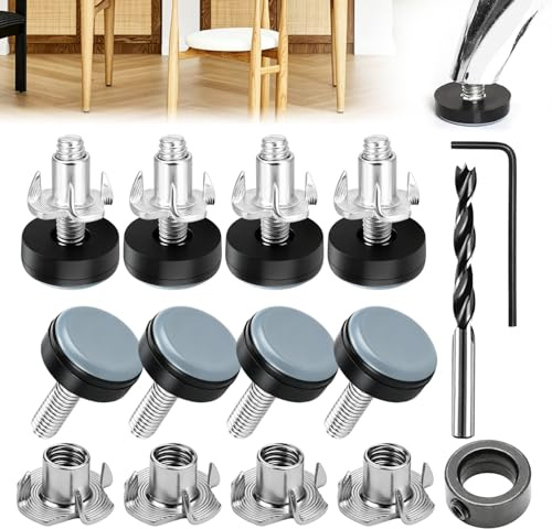 8 Pièces Patin Chaise de Nivellement 20 mm Patins Glisseurs pour Meubles | en PTFE avec écrous Foret Butée de Profondeur et Clé Tampon Chaise M6 pour Déplacer Armoires Canapés et Tables
