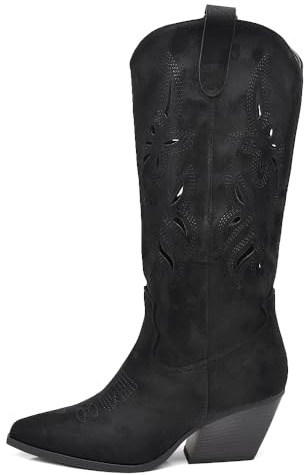 IF Stivali Alti Texani Donna Western in Pelle Sintetica Vegana, Design Traforato, Tacco Medio e Punta Affusolata