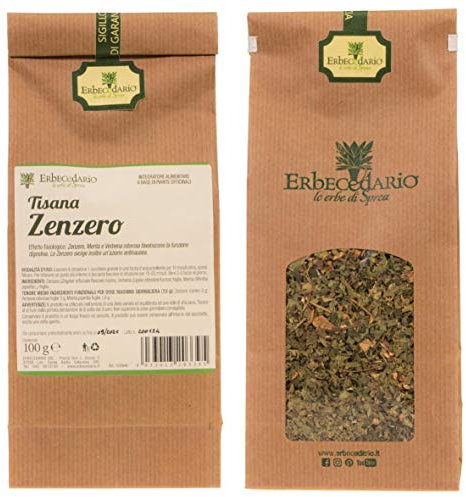 Erbecedario - Zenzero Tisana Digestiva, Infuso per la digestione e l'eliminazione dei gas intestinali Tisana antinausea per mal d’auto e mal di mare 1 Sacchetto 100g