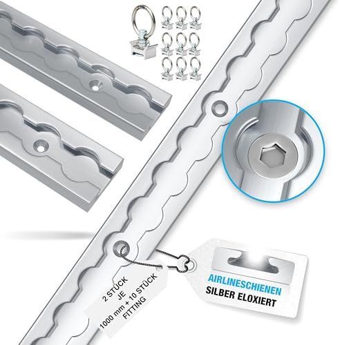 NTG 2 Stück | 1 m | Alu Airlineschiene | Zurrschiene eckig | mit Bohrungen | 1000mm | inkl. 10 Stück Fitting | Ladungssicherung für Anhänger, LKWs und Wohnmobile | Silber eloxiert