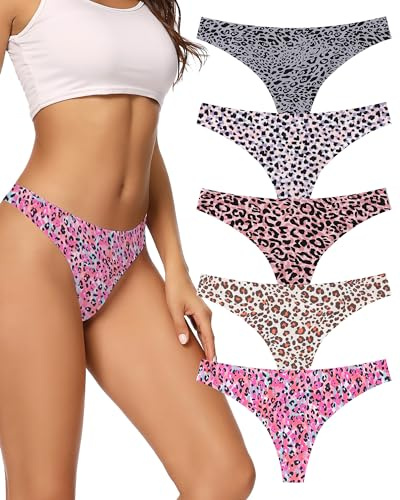 voenxe Seamless Thongs for Women No Show Thong Underwear Women 5-10 Pack (G-5 Pack Leopard Print, Large)