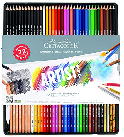 CRETACOLOR Artist Studio XXL set, 72 piezas, incl. varios lápices de colores y lápices de grafito + 1x goma de borrar de papel, en estuche metálico resistente
