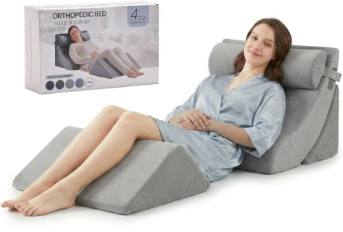 Axelrod 4PCS Orthopedic Bed Wedge Pillow Set, Post Surgery Foam for Back, Neck and Leg Pain Relief Comfortable & Adjustable Ortho Pillows- Anti Snoring, Heartburn, Acid Reflux & GERD Sleeping Grey