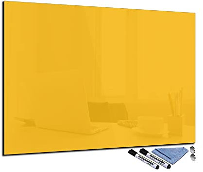 Glas-Magnettafel Gelb 70x100 cm Whiteboard Wand Beschreibbar Magnetisch Pinnwand Küche Office Büro mit Zubehör Wochenplaner Abwischbar Deko Memoboard Tafel