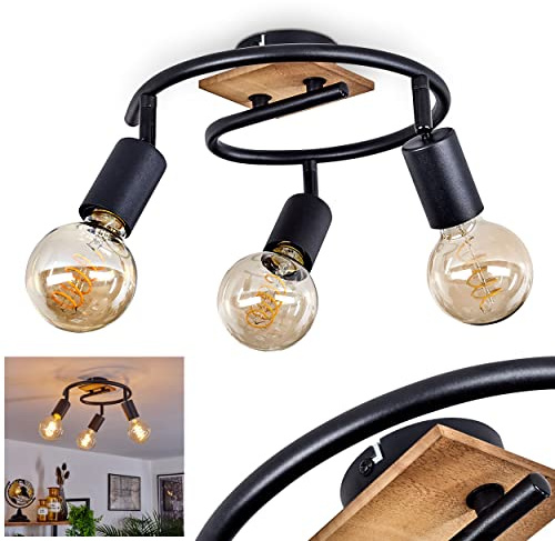 HOFSTEIN Deckenleuchte Maidford, verstellbare Deckenlampe aus Metall/Holz in Schwarz/Natur, moderne Leuchte im Boho/Retro/Vintage-Design, 3 x E27, Esszimmer, Wohnzimmer, Schlafzimmer, Küche, Büro