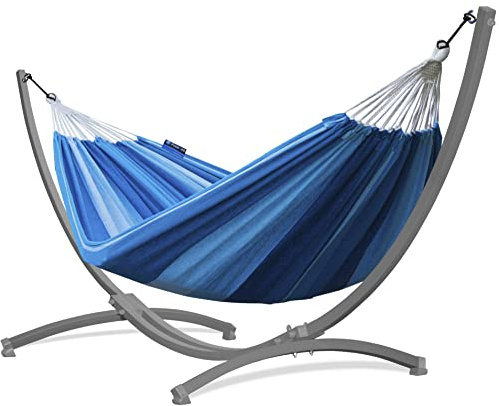 Potenza Outdoor Hängematte mit Gestell für 2 Personen I Baumwolle Doppelhängematte XXL 220x160, 200kg I Hängemattengestell 220kg, wetterfest (Blau, Gestell Grau)