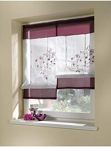 Devola Raffrollo Transparente Voile Raffgardinen Blumenmuster Stickerei Gardine mit Tunnelzug Rollo Moderne Gardine Dekoration Vorhänge BxH 60x120cm Violett 1er Pack