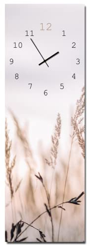 Wanduhr Calm Grasses 20 x 60 cm | lautlose Uhr aus Glas Made in EU - Glasuhr inklusive Wandaufhängung - Wanduhr ohne Tickgeräusche mit Metallzeiger | Wohnzimmer Schlafzimmer | Natur Pflanzen Feld