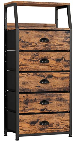 Furnulem Tall 5 Drawers Dresser, Vertical Storage Tower Fabric Dresser for Bedroom, Hallway, Entryway, Nursery, Closet Organizer, Nightstand Bedside Table Furniture, Sturdy Steel Frame, Wood Top