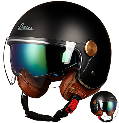 Casque Jet Moto Double Visiere Classic Casque Ouvert Vintage Noir Mat Coque ABS (55-61CM)