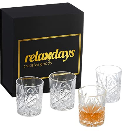 Relaxdays Whiskyglas i set om 4, med presentförpackning, abstrakt mönster, bartillbehör för rum, H x D: 10 x 8 cm, transparent