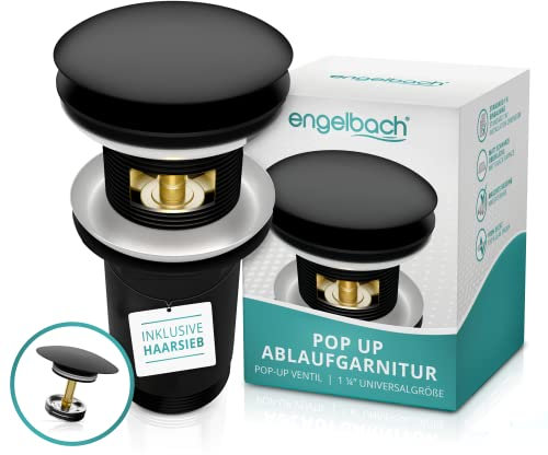 Engelbach® Universal Waschbecken Ablaufgarnitur - Pop up Ablaufventil mit und ohne Überlauf (Auch für Waschtische) Herausziehbarer Stöpsel mit Haarsieb - inklusive Einbauanleitung