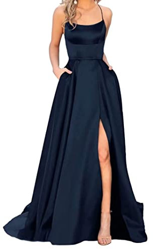 Sincemeet Elegant Spaghettiträger Satin Abendkleid Seitenschlitz Brautjunfernkleid Lang Rückenfrei Cocktailkleid Mit Taschen